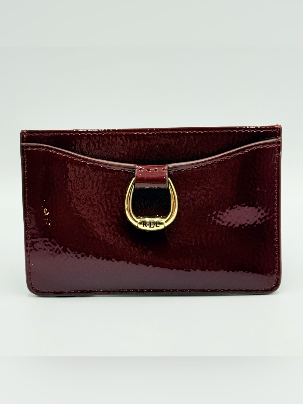 Lauren Ralph Lauren LRL Maroon Patent Card Case ID Holder Wallet Gold Tone